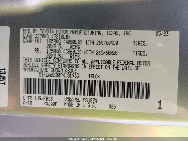 Toyota Tundra Sr5 2023 5TFLA5DB0PX101933 Image 9