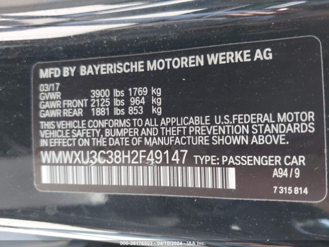 WMWXU3C38H2F49147 Mini Hardtop Cooper S
