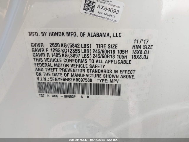 Honda Pilot Ex-l 2017 5FNYF6H52HB097588 Image 9