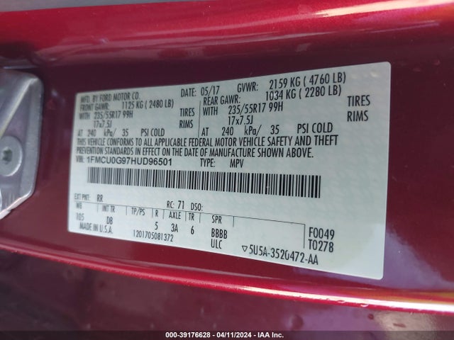 Ford ESCAPE SE 2017 1FMCU0G97HUD96501 Image 9