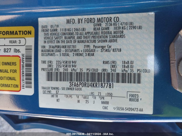Ford Fusion Hybrid Titanium 2019 3FA6P0RU4KR187781 Image 9