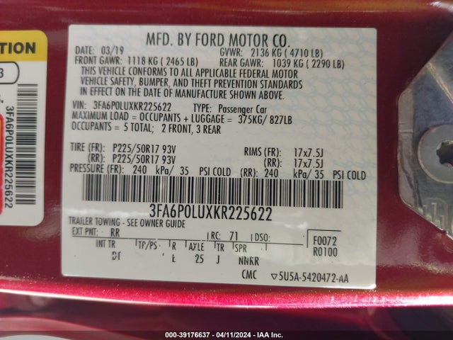 Ford Fusion Hybrid Se 2019 3FA6P0LUXKR225622 Image 9