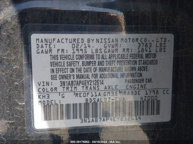 3N1AB7AP4EY212614 Nissan Sentra Fe+ S/fe+ Sv/s/sl/sr/sv
