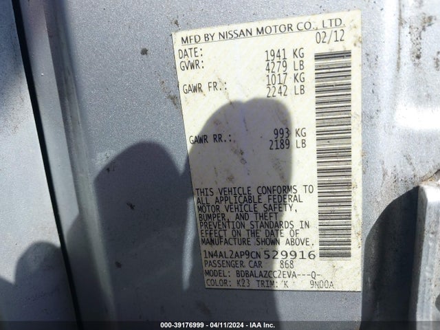 39176999 :رقم المزاد ، 1N4AL2AP9CN529916 vin ، 2012 Nissan Altima 2.5 مزاد بيع