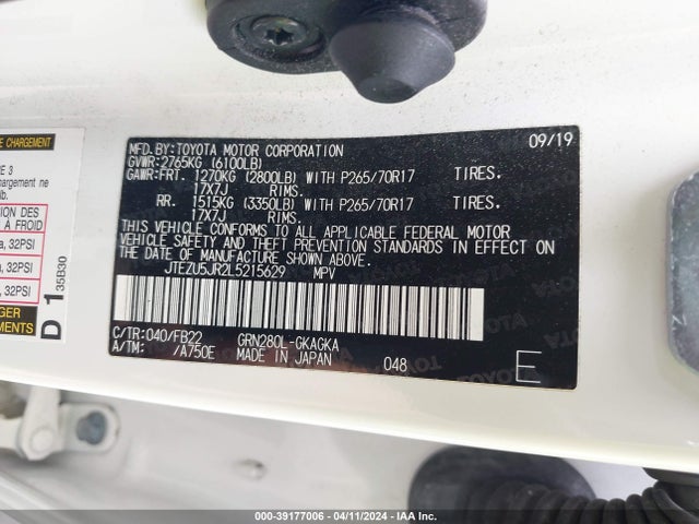 Toyota 4RUNNER SR5 2020 JTEZU5JR2L5215629 Image 9
