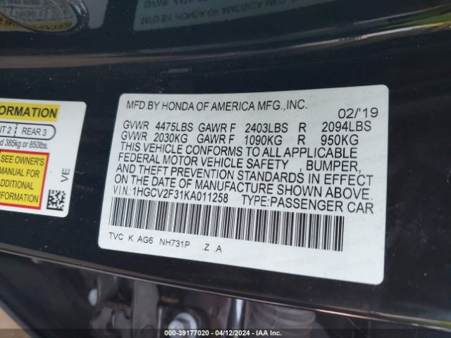 1HGCV2F31KA011258 Honda Accord Sport 2.0t