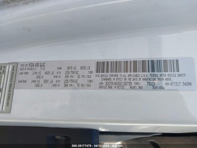 3C6TRVAG3GE136739 RAM Promaster 1500 Low Roof