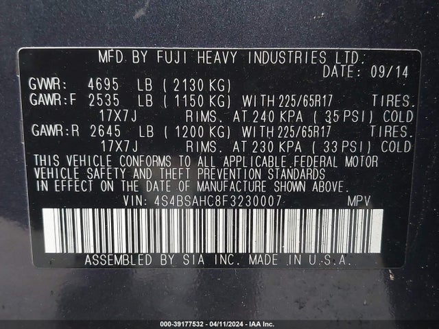 Subaru Outback 2.5i Premium 2015 4S4BSAHC8F3230007 Image 9