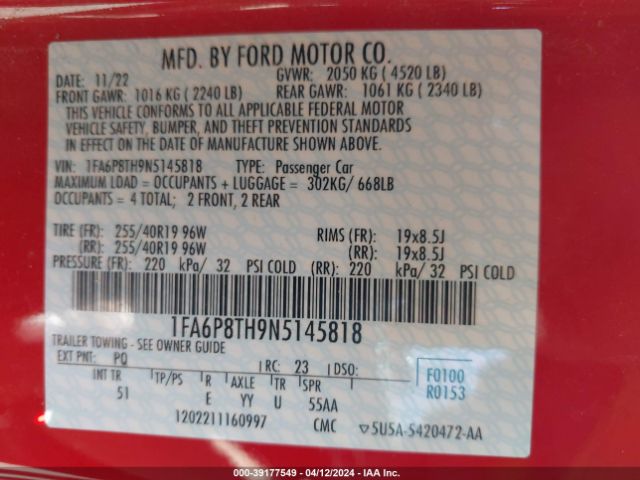 2022 FORD MUSTANG 1FA6P8TH9N5145818 Photo 8