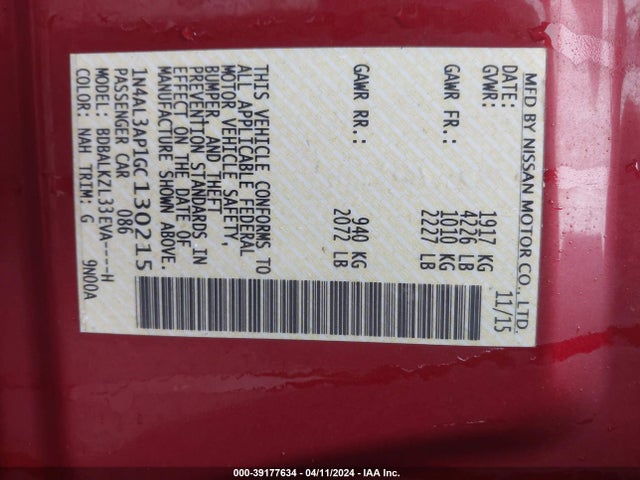 Nissan Altima 2.5 Sv 2016 1N4AL3AP1GC130215 Image 9