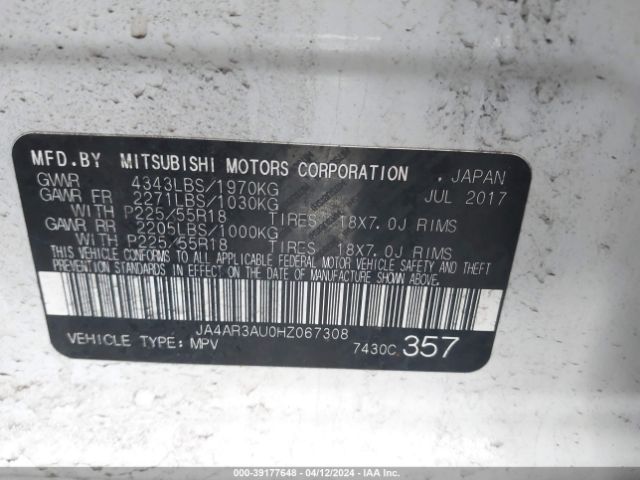JA4AR3AU0HZ067308 Mitsubishi Outlander Sport 2.0 Le