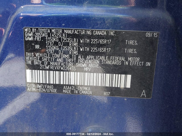 Toyota Rav4 Xle 2015 2T3WFREVXFW226455 Image 9