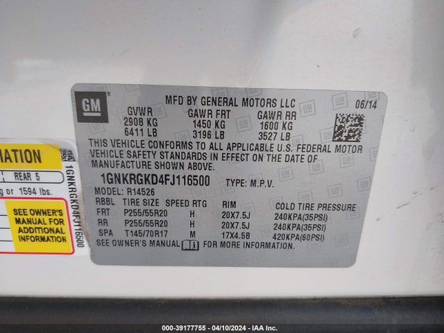 Chevrolet Traverse 1lt 2015 1GNKRGKD4FJ116500 Image 9