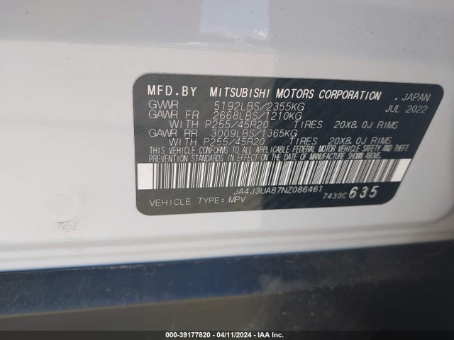JA4J3UA87NZ086461 Mitsubishi Outlander Black Edition 2wd/se 2.5 2wd/se Launch Edition 2wd