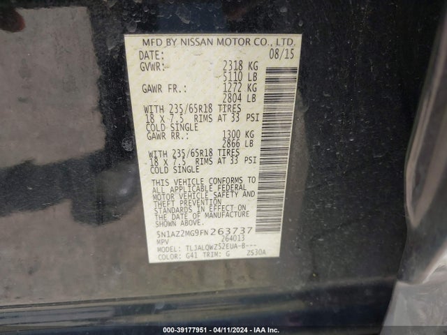 Nissan MURANO SV 2015 5N1AZ2MG9FN263737 Image 9