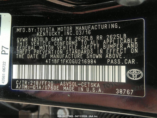 Toyota CAMRY SE 2016 4T1BF1FK0GU216984 Image 9