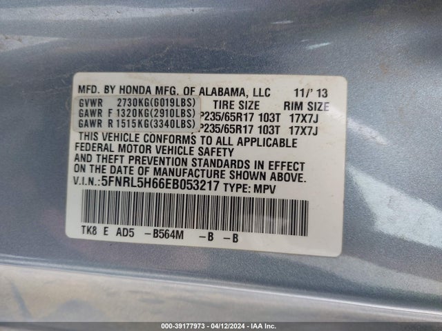 Honda Odyssey Ex-l 2014 5FNRL5H66EB053217 Image 9
