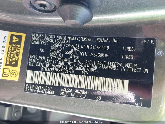 Toyota Highlander Xle 2019 5TDJZRFHXKS984205 Image 9