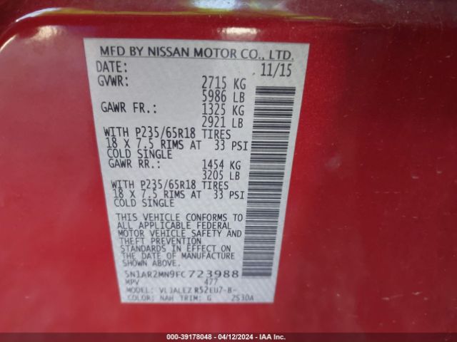 5N1AR2MN9FC723988 Nissan Pathfinder Sv