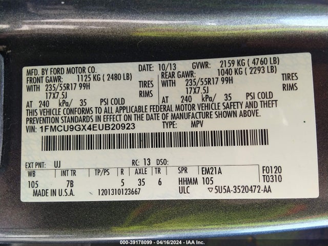 Ford ESCAPE SE 2014 1FMCU9GX4EUB20923 Image 9