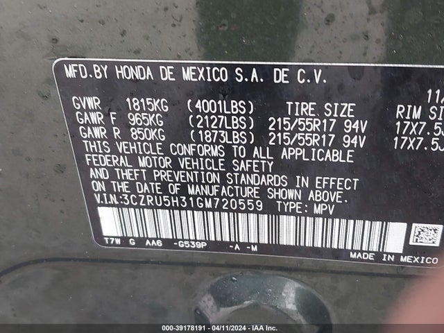 Honda HR-V LX 2016 3CZRU5H31GM720559 Image 9