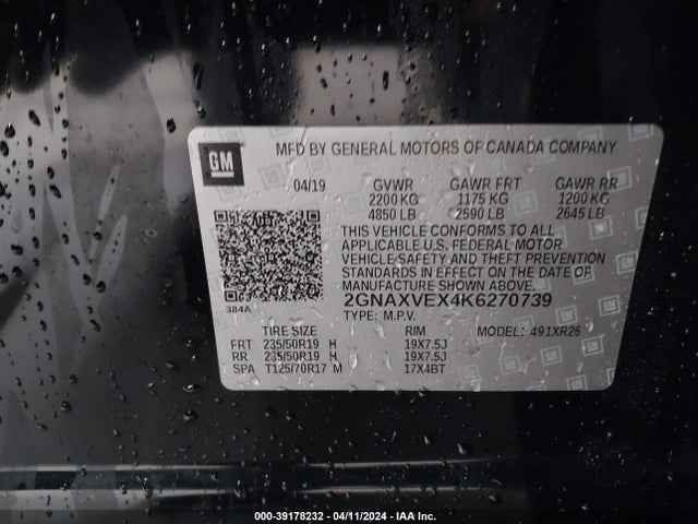 Chevrolet EQUINOX LT 2019 2GNAXVEX4K6270739 Image 9