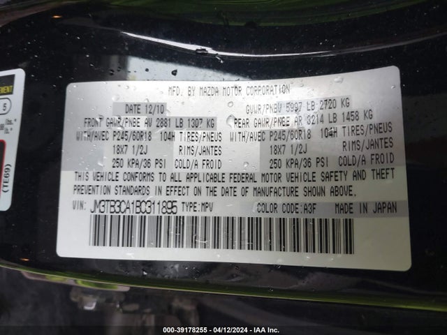 Продаж на аукціоні авто 2011 Mazda Cx-9 Touring, vin: JM3TB3CA1B0311895, номер лоту: 39178255