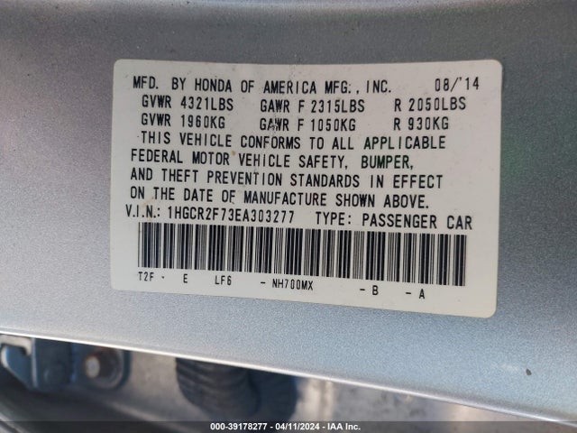 Honda ACCORD EX 2014 1HGCR2F73EA303277 Image 9