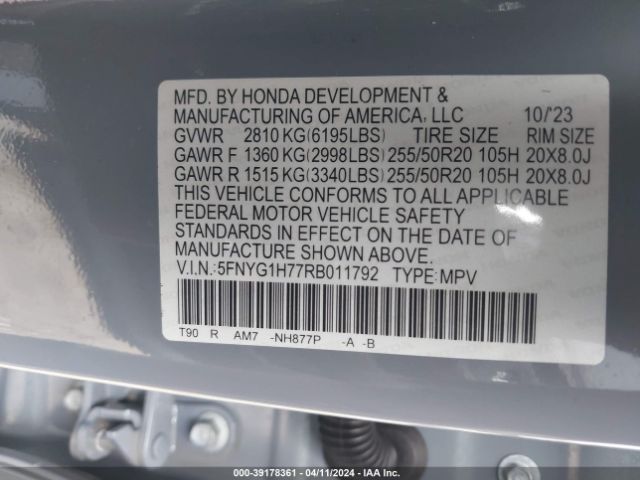5FNYG1H77RB011792 Honda Pilot Awd Touring