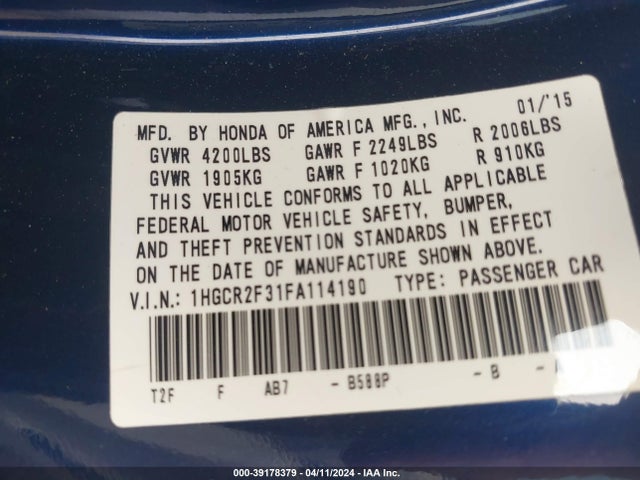 Honda ACCORD LX 2015 1HGCR2F31FA114190 Image 9