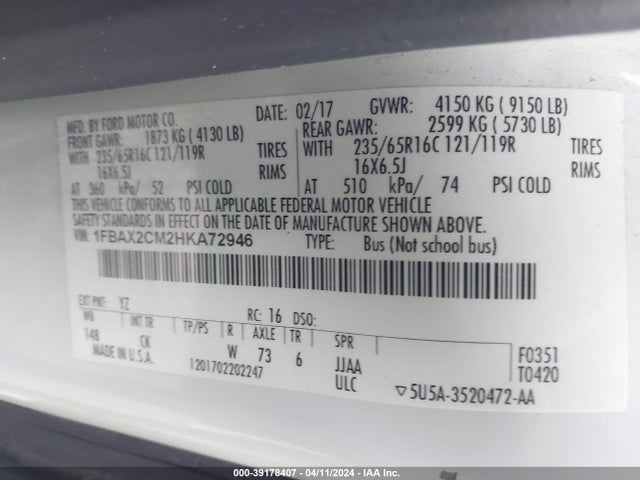 Ford Transit-350 Xlt 2017 1FBAX2CM2HKA72946 Image 9