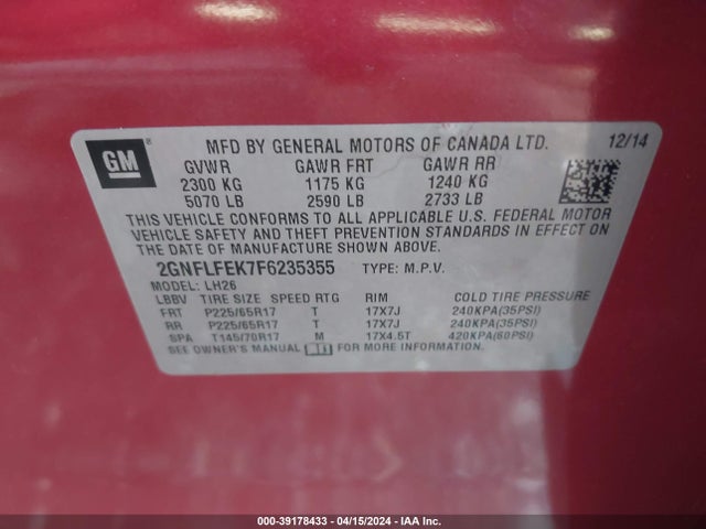Chevrolet EQUINOX 1LT 2015 2GNFLFEK7F6235355 Image 9