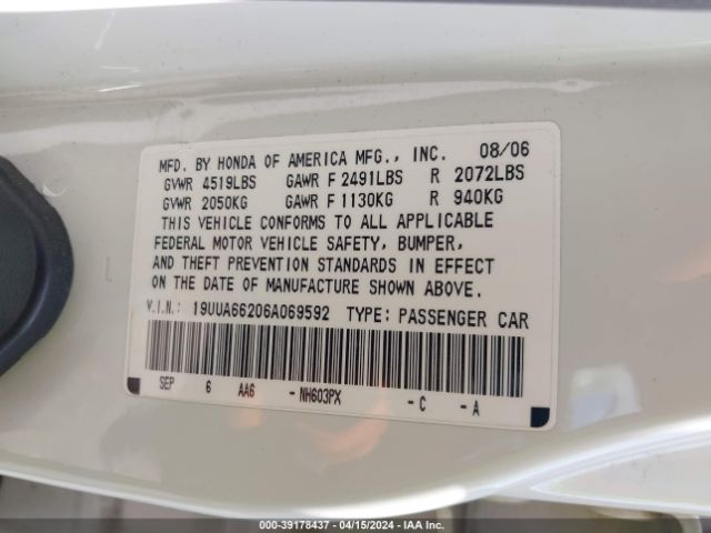 2006 ACURA 3.2TL 19UUA66206A069592 Photo 8