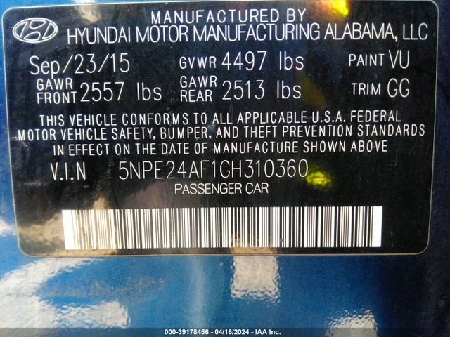 Hyundai SONATA SE 2016 5NPE24AF1GH310360 Image 9