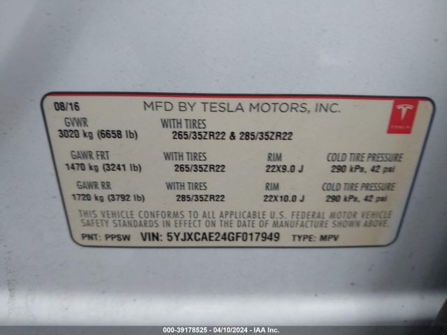 Tesla Model X 60d/70d/75d/90d 2016 5YJXCAE24GF017949 Image 9