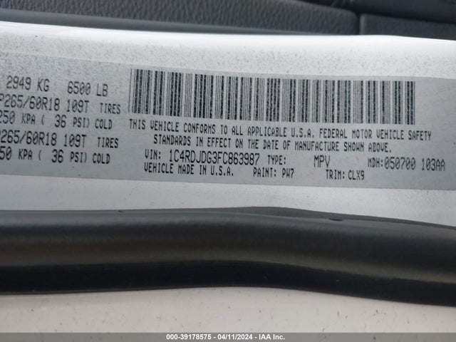 Dodge DURANGO LIMITED 2015 1C4RDJDG3FC863987 Image 9