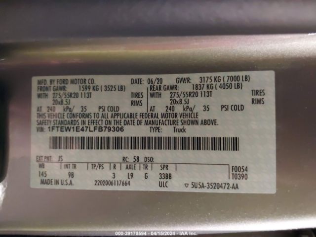1FTEW1E47LFB79306 Ford F-150 Platinum