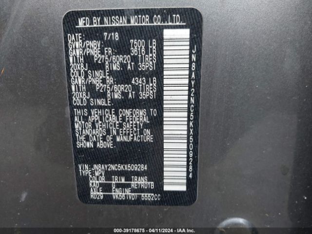JN8AY2NC5KX509284 Nissan Armada Sl