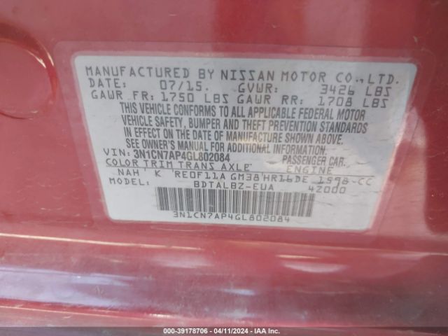 3N1CN7AP4GL802084 Nissan Versa 1.6 S/1.6 S+/1.6 Sl/1.6 Sv