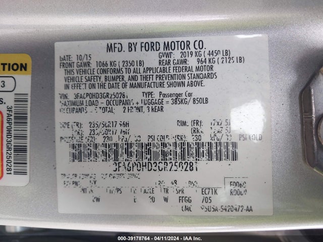 Ford FUSION SE 2016 3FA6P0HD3GR250281 Image 9