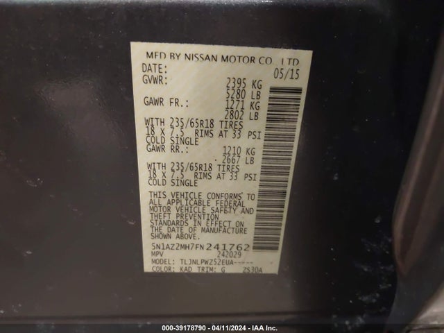 Nissan MURANO S 2015 5N1AZ2MH7FN241762 Image 9