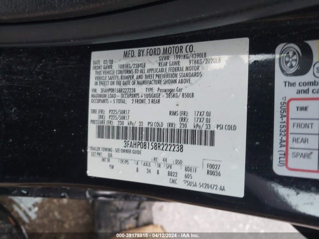 Продажа на аукционе авто 2008 Ford Fusion Sel, vin: 3FAHP08158R222238, номер лота: 39178815
