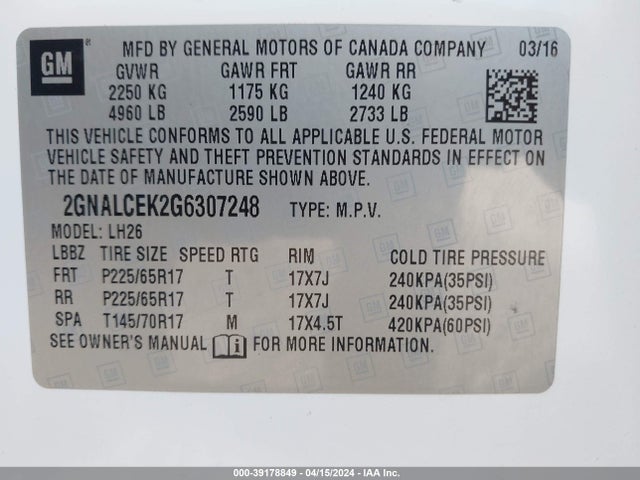 Chevrolet EQUINOX LT 2016 2GNALCEK2G6307248 Image 9