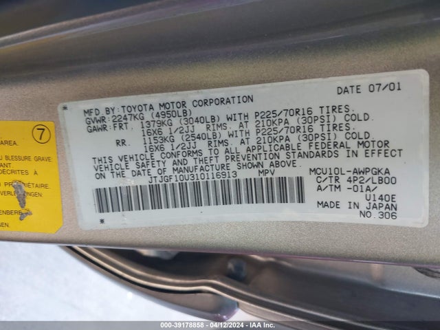 Продажа на аукционе авто 2001 Lexus Rx 300, vin: JTJGF10U310116913, номер лота: 39178858