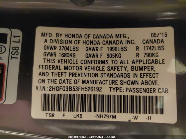 Honda Civic Lx 2015 2HGFG3B53FH526192 Image 9