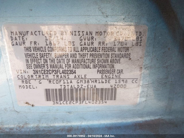 Nissan Versa Note S (sr)/s Plus/sl/sr/sv 2015 3N1CE2CP3FL402354 Image 9