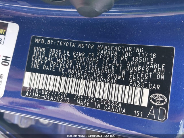 Toyota COROLLA SE 2017 2T1BURHE0HC805886 Image 9