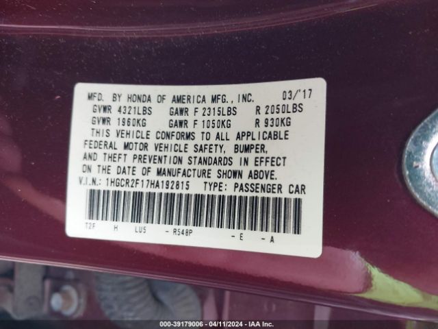 1HGCR2F17HA192815 Honda Accord Sport Se