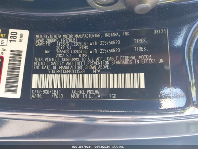5TDERKEC6MS031539 Toyota Sienna Platinum