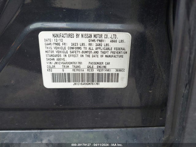 2013 Infiniti G37x მანქანა იყიდება აუქციონზე, vin: JN1CV6ARXDM761781, აუქციონის ნომერი: 39179127